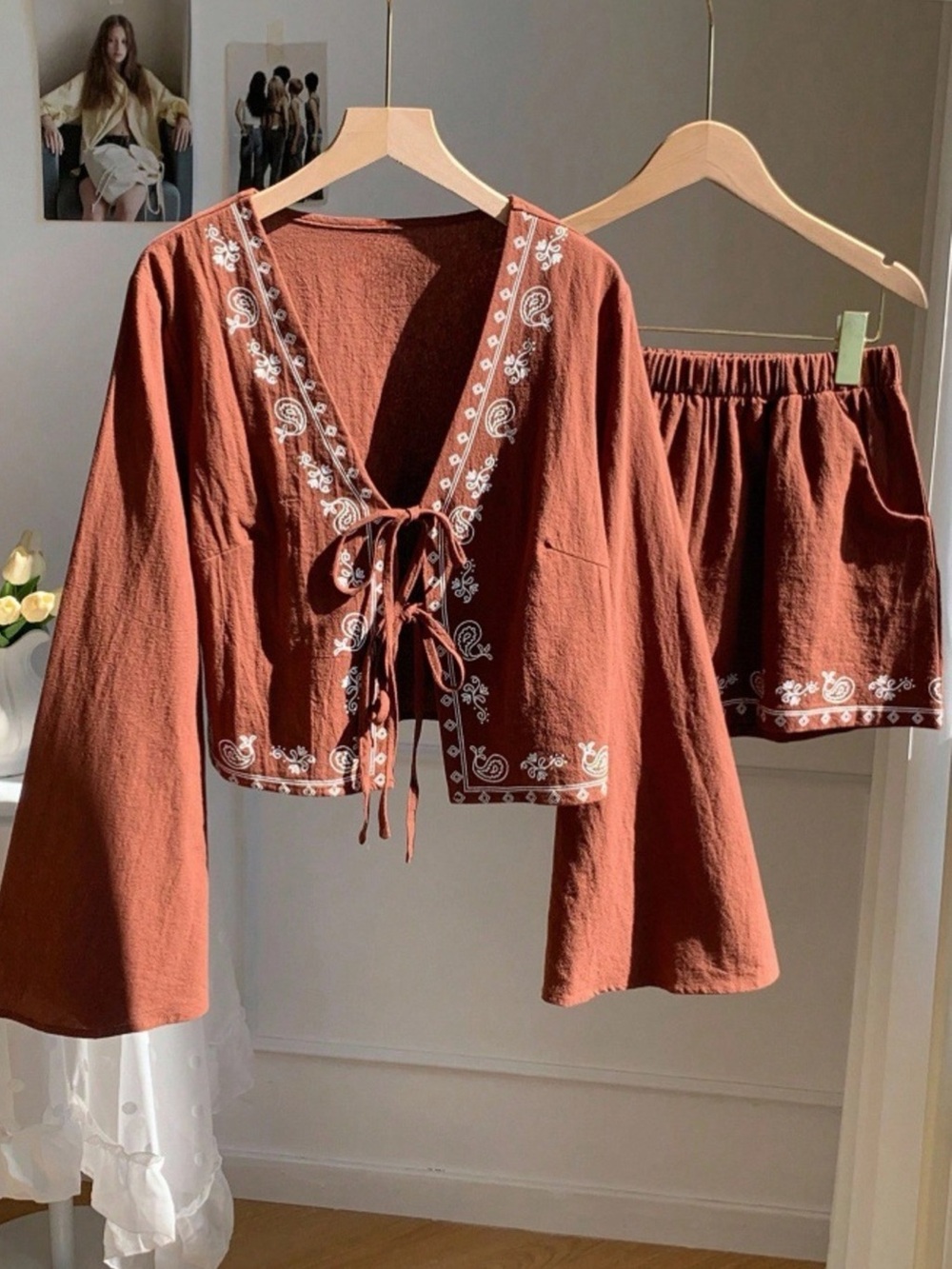 💚 Hello Gorgeous! COTTON Embroidered Tie-Front Top and Pants Set- Brown